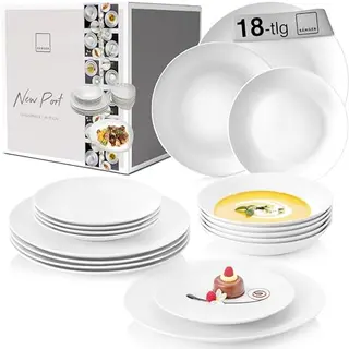SÄNGER Tafelservice New Port, 18-teiliges Geschirrset für 6 Personen, Porzellan, Hochzeitsteller, Speiseteller, Suppenteller
