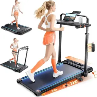 6-in-1 Laufband für Zuhause, klappbar, 12 km/h, mit Steigung, abnehmbarem Tisch, Teleskop-Riser und RGB-Lichtern