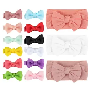 15 Bogen Haar Stirnbänder & Clips für Kleinkinder, 3 Nylon Stirnbänder & 12 Haarspangen für Babys