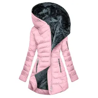 KOG Damen Winterjacke Baumwolle Daunen Pufferjacke, Warm, Sport, Elegant, Strickjacke, Kapuzenjacke, Softshell, Wollmantel, Rosa, Größe L