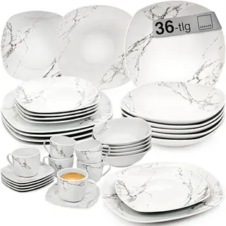 Kombiservice Bilgola Marmor, 36-teilig für 6 Personen, Geschirrset mit Speise-, Dessert-, Suppentellern, Müslischalen, Kaffee- und Untertassen