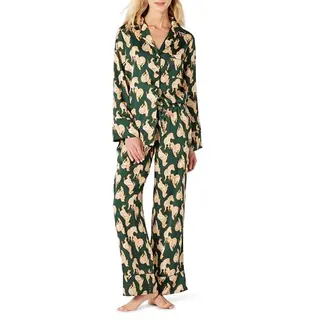 Amazon Essentials Damen Satin-Pyjamaset mit Hemd und Hose, Dunkelgrün-Beige Zebra, S