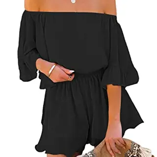 Pink Queen Damen Boho Jumpsuit Mini Kleid Schulterfrei Sommer Schwarz S