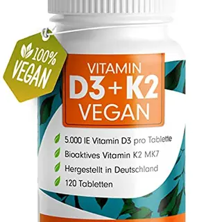Vitamin D3 K2 VEGAN - 120 Tabletten - Hochdosiert, 5000 IE D3 + 200 mcg K2 (MK7) - Reicht für 19 Monate