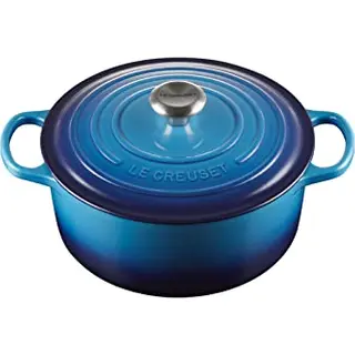 Le Creuset Signature Gusseisen-Bräter, rund, Ø 26 cm, 5,3 l, für alle Herdarten, Azure