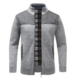 Allthemen Herren Strickjacke mit Reißverschluss, Stehkragen, Pullover, Business Casual, Hellgrau, M