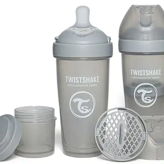 Twistshake Doppelbabyflasche 330 ml mit Milchpulverbehälter, silikon-porzellan, BPA-frei, für Babys ab 4 Monate, grau