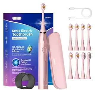 Seago Elektrische Zahnbürste mit Drucksensor, 8 Weiche Köpfe, 5 Modi, Reiseetui, für Erwachsene, Rosa