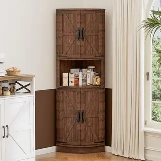 BonVache Eckhochschrank aus Holz, 165cm, braun – Schmaler Küchen-, Bad- und Wohnzimmer-Hochschrank mit 4 Türen und 5 Ablagen