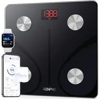 RENPHO Körperfettwaage mit App, bis 180 kg, Bluetooth, digital, für Körperanalyse (Fett, BMI, Muskelmasse, Protein, BMR), Schwarz
