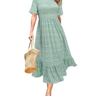 STYLEWORD Sommerkleid Damen Lang Kurzarm Boho Kleid Sommer Blumenkleid Swing Maxikleid