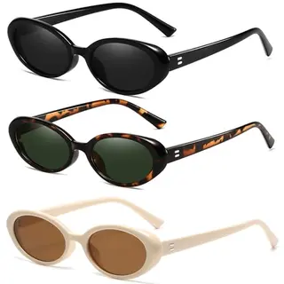 Breaksun Retro-Ovale Sonnenbrille für Damen und Herren, kleines ovales Design, 90er-Jahre-Stil, Vintage-Schattierungen, 3er-Pack (Schwarz/Grau, G15, Beige)