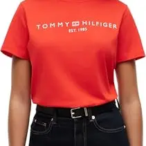 Tommy Hilfiger Damen T-Shirt, Kurzarm, Logo, Rundhals, Rot, Größe L
