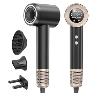 Haartrockner mit Diffusor, 4 Temperaturstufen, 2 Geschwindigkeiten, leise, LCD-Display, für Locken & schnelles Trocknen, Schwarz