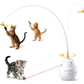 ROJECO 2-in-1 interaktives Katzenspielzeug mit Laser & Katzenangel, 3 Modi, Saugnäpfe, USB, für Katzen aller Alters