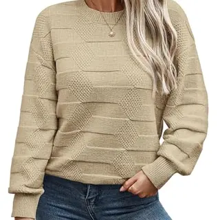 Toplop Damen Winter Strickpullover, Casual Herbst Pulli, Rundhals Langarmshirt in Khaki, Größe S