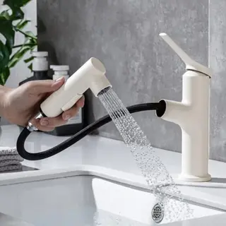 Wasserhahn Badarmatur Schwarz mit herausziehbarer Brause, 3 Modus, Hochdruck, für Waschbecken, Warm Kalt