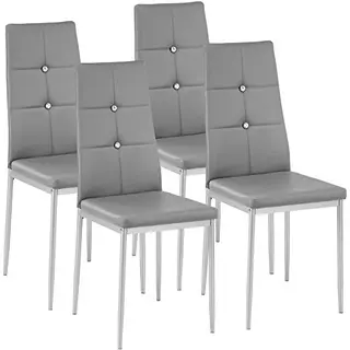 tectake® 4er Set Esszimmerstühle - Bequeme Kunstledersitze mit Glitzersteinen, Hohe Rückenlehne - Grau