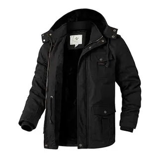 WenVen Herren Winterjacke mit Fleece, winddicht, mittellang, schwarz, Größe S