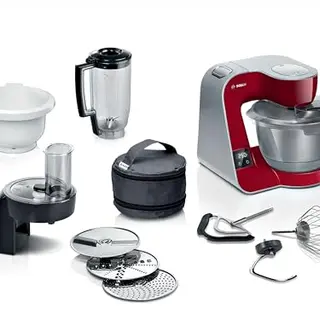 Bosch Küchenmaschine Serie 4 mit Waage, Edelstahl-Schüssel, Mixer, spülmaschinenfest, 1000 W, Dunkelrot