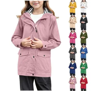Kinder Regenjacke Mädchen Wasserdicht und atmungsaktiv, mit Kapuze, Taschen und Reißverschluss, leichte Übergangsjacke für Schule und Alltag, Rosa