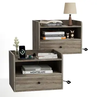 BonVache Nachttisch 2er Set, Wandmontage mit Schubladen, Steckdosen, modern, für Wohnzimmer & Schlafzimmer, Grau