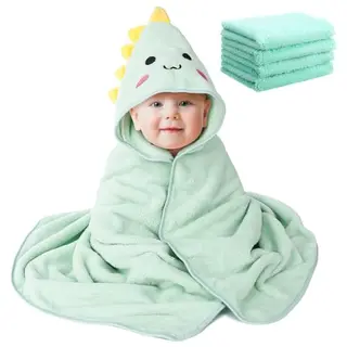 Kaisibum Baby Badetuch Set – 5 Teile, 80x80cm Kapuzenhandtuch und 4 Waschlappen in Grün