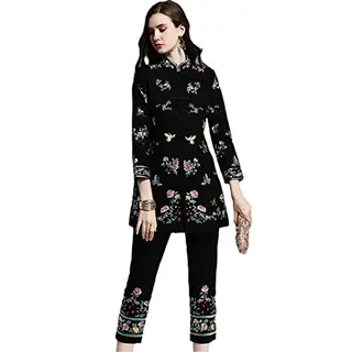 Damen 2-teiliges Retro Blumen-Besticktes Set: Jacke und Hose, Schwarz, Large