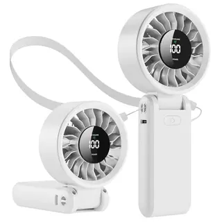 Tragbarer USB-C Ventilator mit 5000-mAh-Akku, 5 Geschwindigkeiten, 90° klappbar, 3-in-1 für Hand, Hals & Schreibtisch