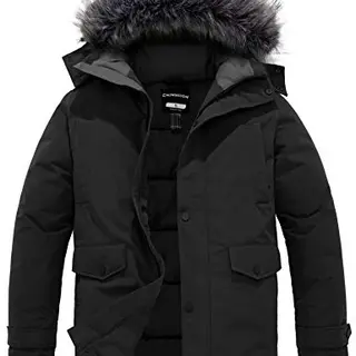 CHIN·MOON Herren Winterjacke mit Kapuze, wasserdicht, warm, Schwarz, Größe S