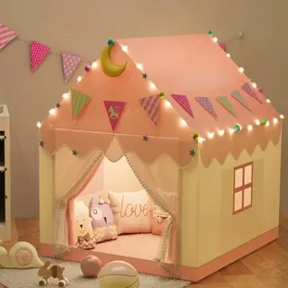 2-in-1 Kinderzelt mit LED-Lichtern - Spielhaus für drinnen und draußen in Hausform