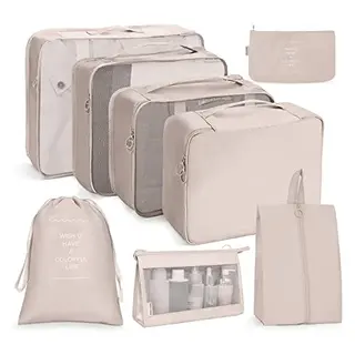 OSDUE Koffer Organizer Set 8-teilig, Wasserdichte Reise-Kleidertaschen, Packwürfel mit Kosmetiktasche, Schuhbeutel, USB Kabel Tasche (Beige)