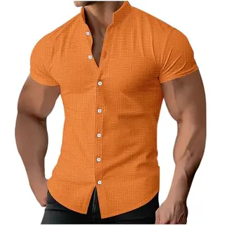 Leinenhemd Herren Kurzarm Baumwolle Stehkragen Sommer Hawaii Freizeit- und Business-Hemd, Einfarbig, Oversized, Orange, XL
