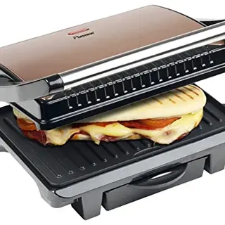 Bestron Kontaktgrill mit Auffangschale und Cool-Touch-Handgriff, 1000 Watt, Ø 28,5 cm, Farbe: Kupfer