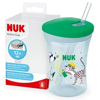 NUK Action Cup Trinkbecher Kinder 12+ Monate 230 ml mit Strohhalm - Auslaufsicher, BPA-frei, Grüner Leopard