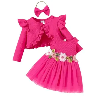 IDOPIP Baby Mädchen 3-teiliges Strickjacket-Set – Mantel, Kleid & Stirnband, all seasons, rosarot, 3 Jahre