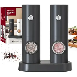 CIRCLE JOY Salz- und Pfeffermühlen, elektrisches 2er Set mit Basis, weißem LED-Licht und einstellbarer Grobheit, Schwarz