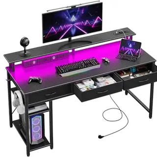 Seventable Gaming Schreibtisch mit Schubladen, Monitorständer, Regal & Haken, 120 cm, Schwarz