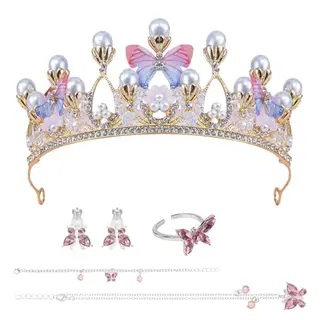 Byfoyif 5-teiliges Schmuckset für Mädchen - Krone, Tiara, Halskette, Armband und Ohrringe in Rosa und Silber