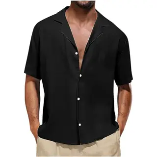Leinenhemd Herren Sommer, Lässig, Baumwolle, Einfarbig, Mode, T-Shirt, Outlet, Schwarz, L