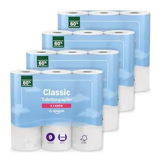 Amazon 3-lagiges Toilettenpapier, 36 Rollen (9 Rollen, 4er-Pack), 200 Blatt pro Rolle, FSC-zertifiziert