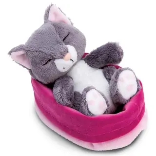 Kuscheltier schlummernde graue Katze im Körbchen