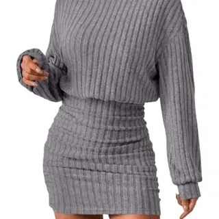 Saodimallsu Damen Strickkleid Minikleid Langarm Rollkragen Grau S