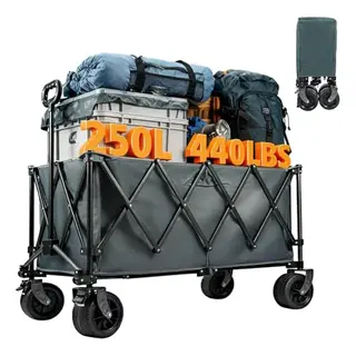 Klappbarer Transportwagen 200kg, 250L, Geländegängige Räder mit Bremsen, Für Camping, Einkaufen, Garten, Schwarz/Grau