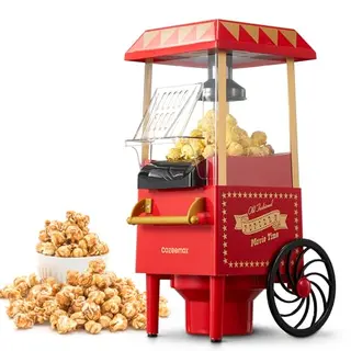 Cozeemax Retro Popcornmaschine 1200W - Fettfreier Popcorn Maker für Zuhause, einfache Ein-Taste-Bedienung, rot