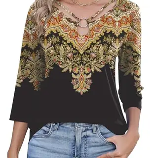 Rapbin Tunika Shirt mit 3/4-Ärmeln und Ring-Ausschnitt – elegante schwarze Bluse, Retro-Stil, Größe XL