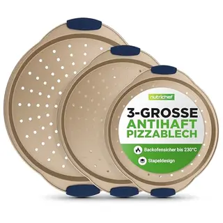 NutriChef Pizzablech Gold 3er-Set Ø 24 cm, 28 cm & 33 cm, antihaftbeschichtete Gelochte Backformen aus Carbonstahl mit Silikongriffen, stapelbar & spülmaschinengeeignet für Pizza & Flammkuchen