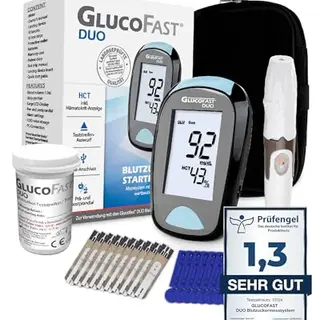 GLUCOFAST Duo Blutzuckermessgerät Starter-Set – 10 Teststreifen & Lanzetten inklusive | Einfach & präzise