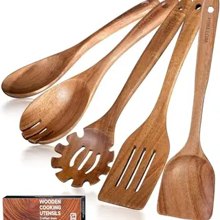 5-teiliges Holzkochset: Salatlöffel, Spaghetti-, Salatgabel, Flach- und Schlitzspatel aus Naturholz
