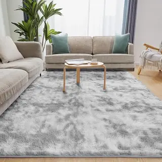 Hochflor Teppich Wohnzimmer, Flauschig & Weich, 140x200cm, Tie-Dye Hellgrau